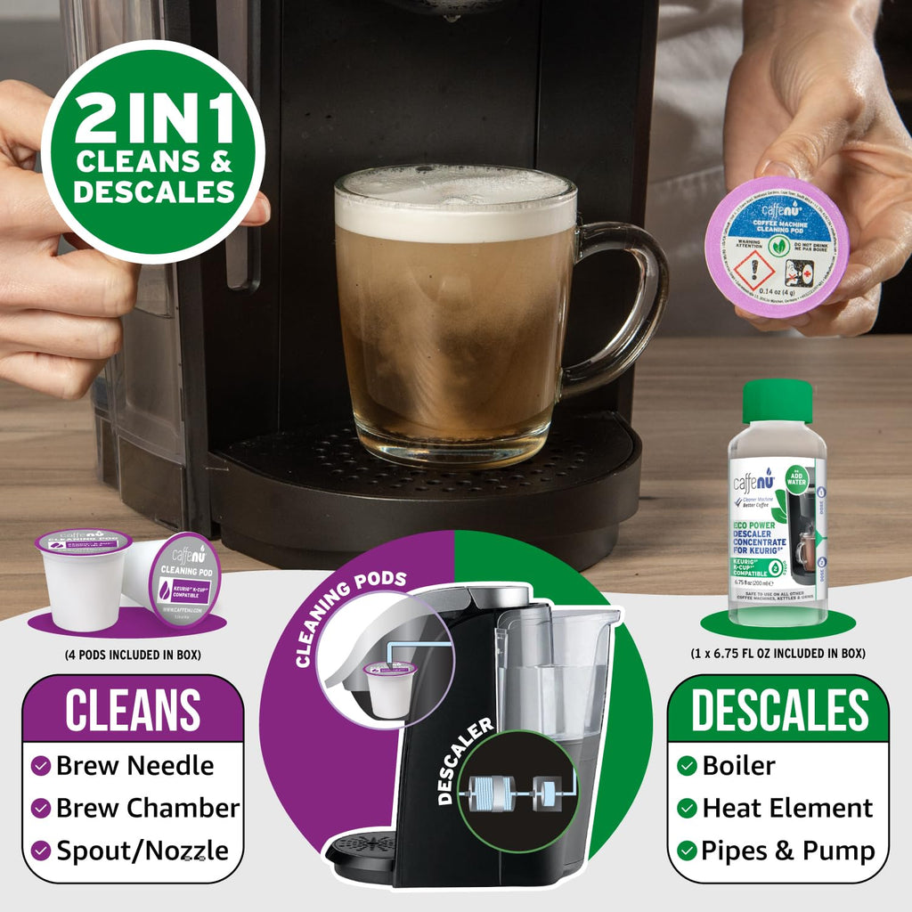 Keurig Compatible Descaling Solution and Cleaner. 2 Descaler, 4 Cleaning Pods. Removes Limescale & Cleans Pod Area. Better Tasting & Hotter Coffee. 4 Uses of Descaler & Cleaner.