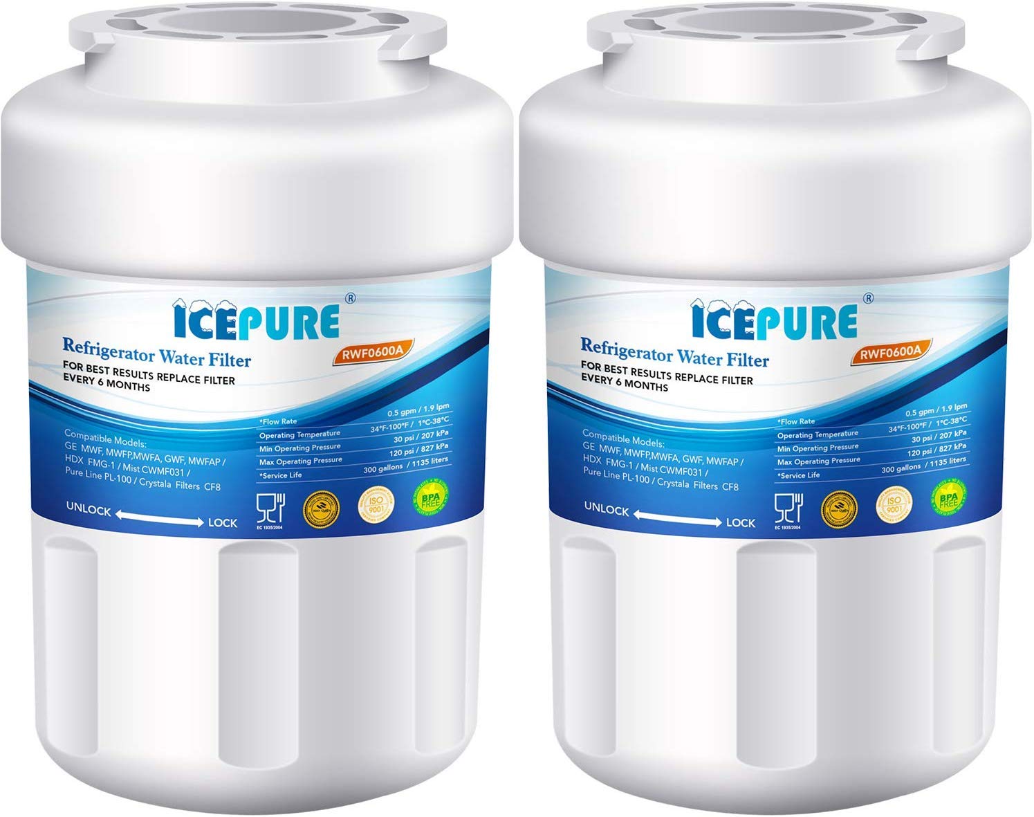 ICEPURE MWF Refrigerator Water Filter Replacement for GE SmartWater MWFP,HDX FMG-1, GWF, RWF1060, GSE25GSHECSS, 197D6321P006, WFC1201, PC75009, 9991, RWF0600A Refrigerator Water Filter 2Pack