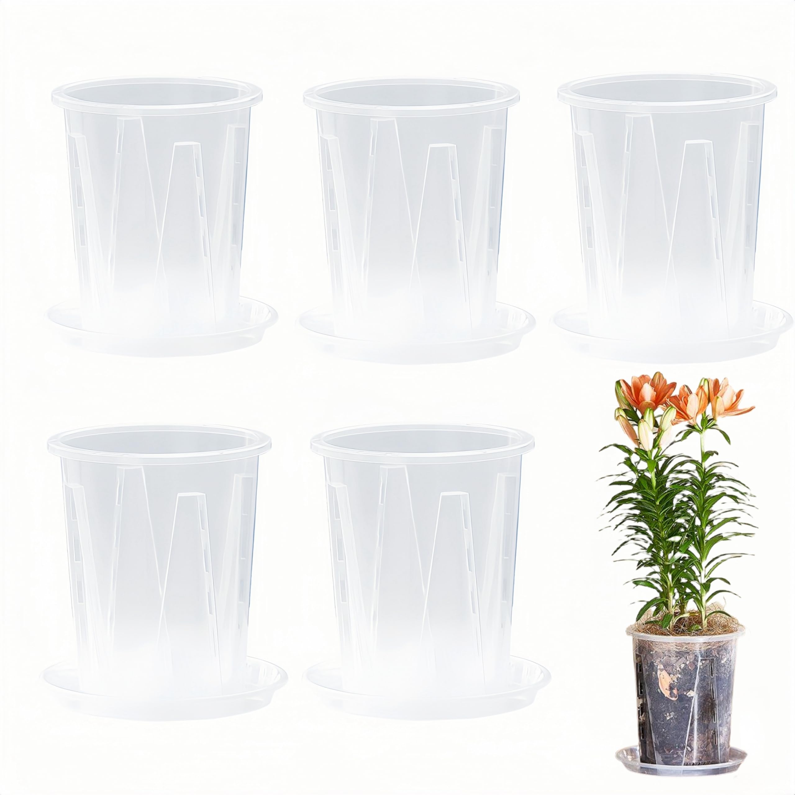 5 Pack Clear Plastic Orchid Pots with Holes and Saucers for Plants,5.5 x 6.5 in Thickened Transparent Pot,Breathable Slotted Orchids Planter Hard Flower Pots Nursery Pots, Houseplant