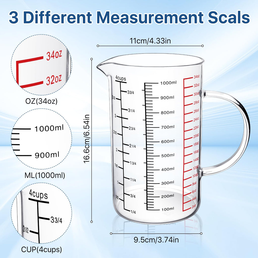 Worldity 33.82OZ/1000ML 4 Cup Glass Measuring Cup with V-Shaped Spout & Triple Scales, Heat Resistant Borosilicate Glass Measuring Cup with Handle, 3 Scales (ML/OZ/Cup) for Kitchen Baking, Restaurant