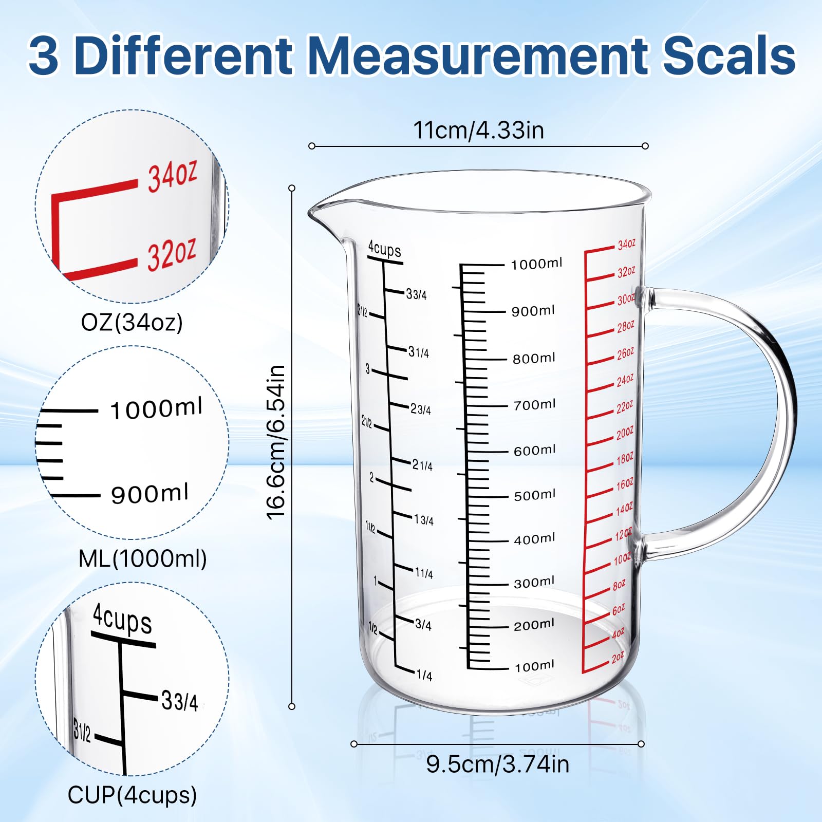 Worldity 33.82OZ/1000ML 4 Cup Glass Measuring Cup with V-Shaped Spout & Triple Scales, Heat Resistant Borosilicate Glass Measuring Cup with Handle, 3 Scales (ML/OZ/Cup) for Kitchen Baking, Restaurant