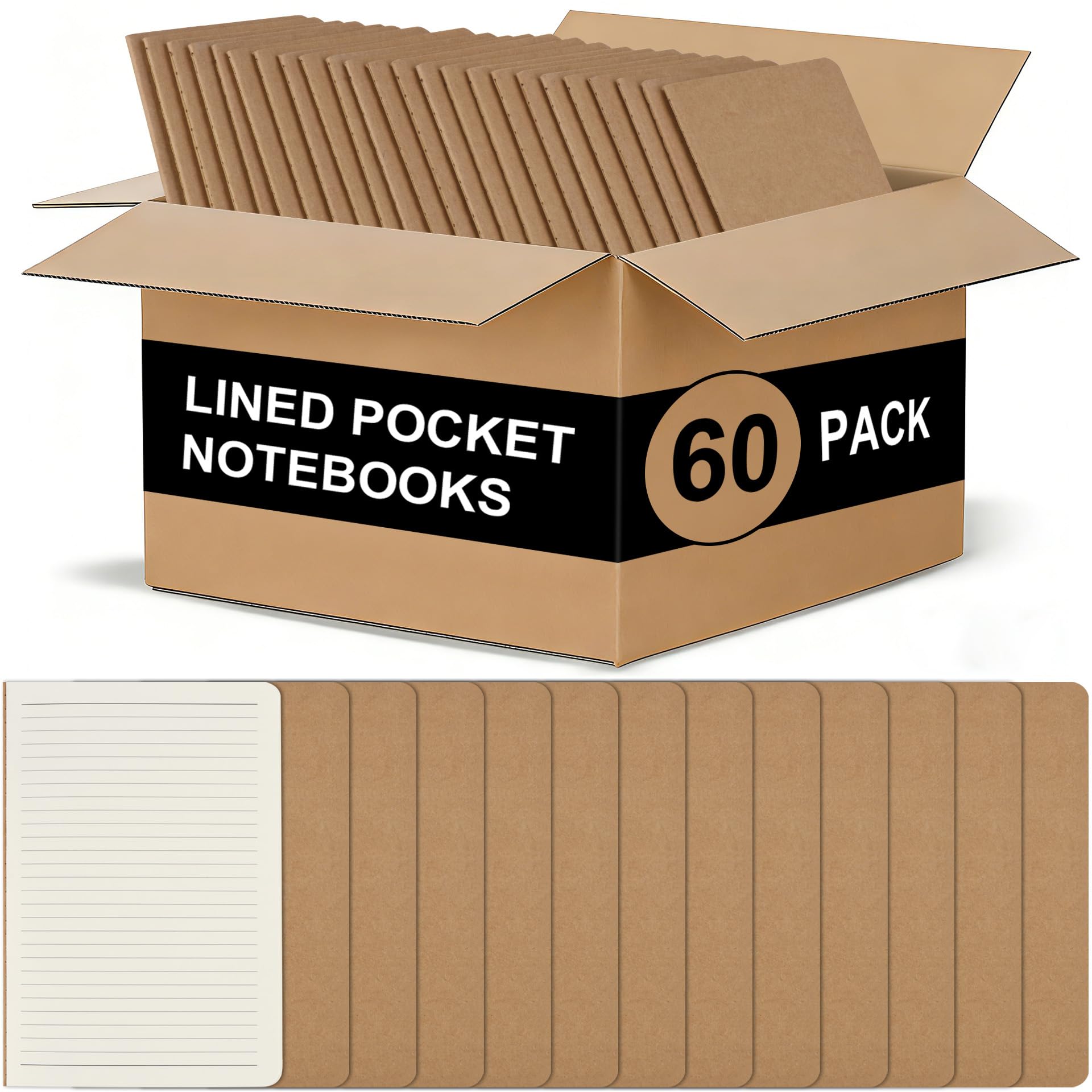 ZCZN 60 Pack Mini Lined Notebook, Jounural Kraft Notebooks, 30 Sheets/60 Pages, 3.5 * 5.5 Inches Notebooks Bulk, Diary, Subject, Memo Notebooks for Work, School, Office (60)