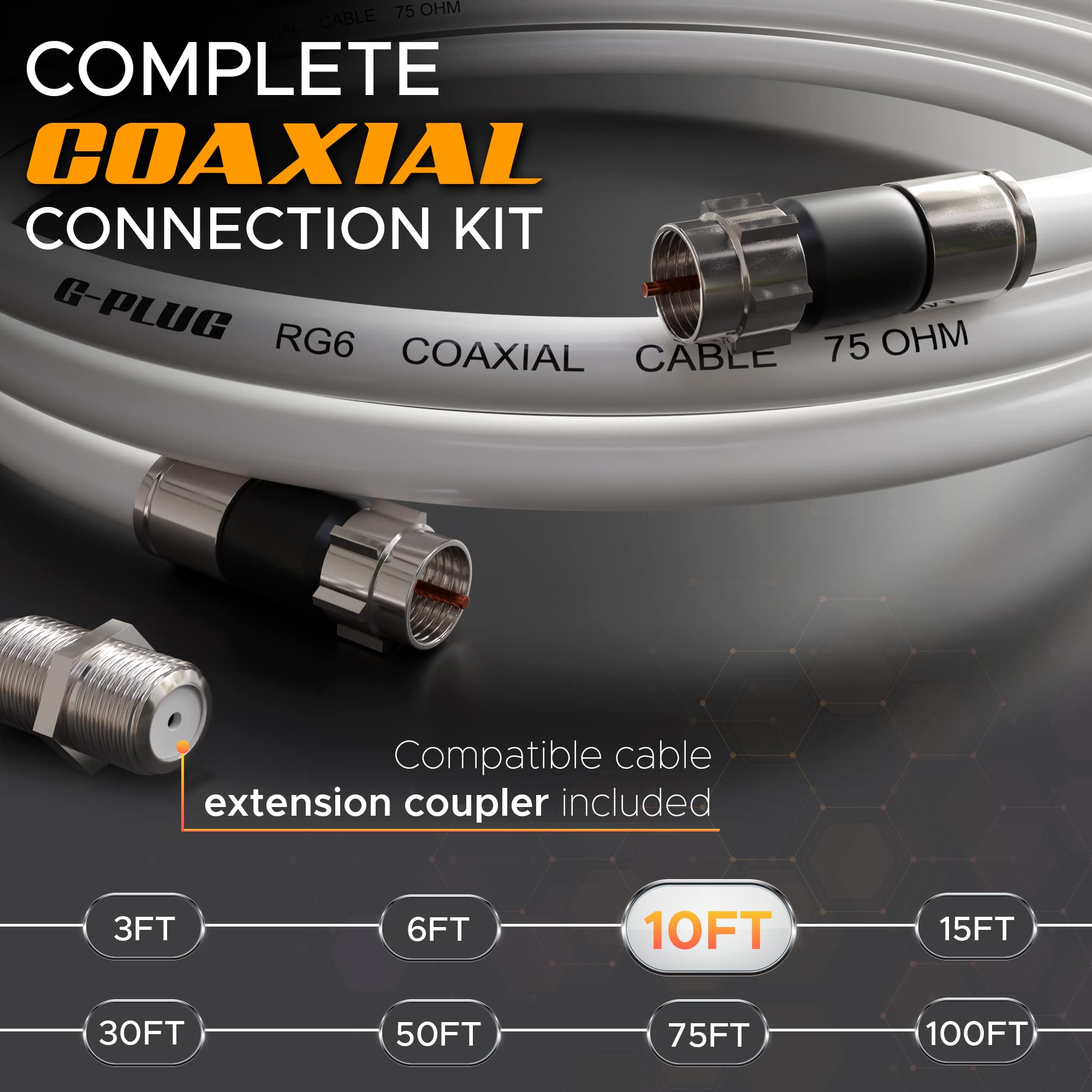 G-PLUG 10FT RG6 Coaxial Cable Connectors Set – High-Speed Internet, Broadband, Digital TV Aerial, Satellite Extension – Weather-Sealed Double Rubber O-Ring and Compression Connectors – White
