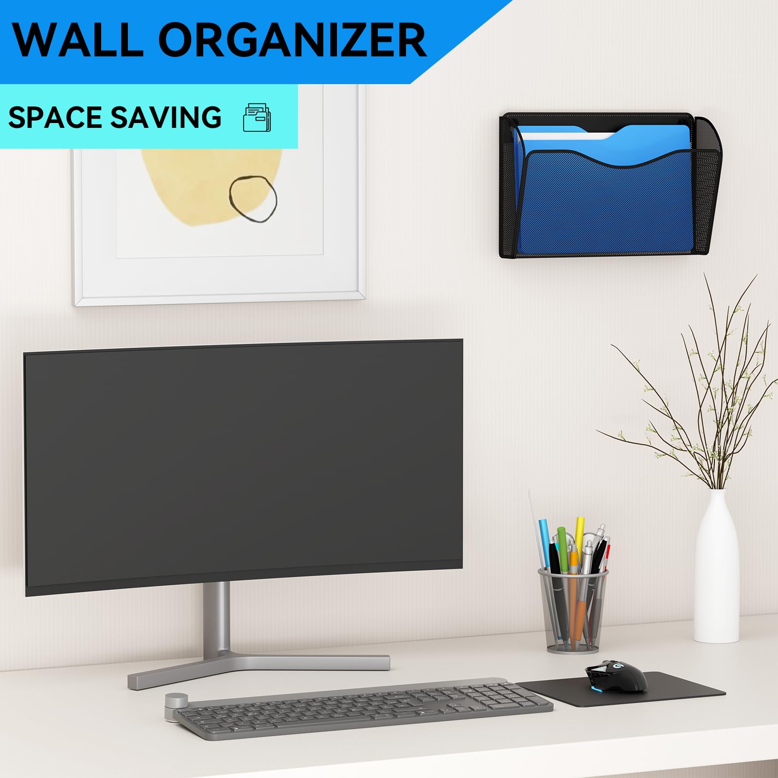GDINDINFAN 3 Single Pocket Wall File Holder, Mesh Hanging File Folder Paper Organizer, Vertical Wall Mounted Mail Basket, Storage Organization Magazine Rack for Office, Home and School, Black