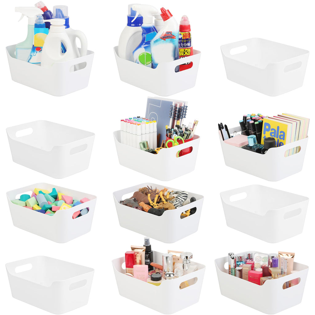 12 Pack Storage Bins, Plastic Storage Containers, Multi-Use White Organizer Bins for Cabinet, Pantry, Drawer, Closet , Countertop or Shelves