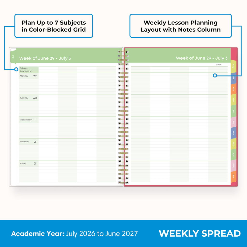 Blue Sky 2026-2027 Weekly and Monthly Academic Year Teacher Lesson Planner Calendar, July 2026 - June 2027, 8.5" x 11", Flexible Cover, Wirebound, Laminated Tabs, Storage Pocket, Apple Sketch
