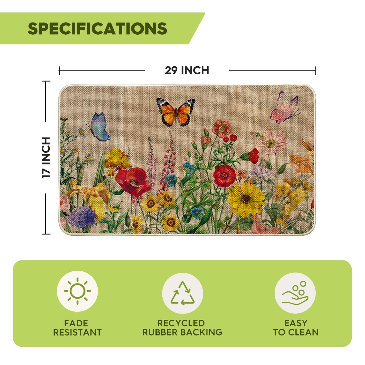 Artoid Mode Wood Flowers Butterfly Spring Doormat, Home Summer Decor Low-Profile Switch Rug Door Mat Floor Mat for Indoor Outdoor 17x29 Inch