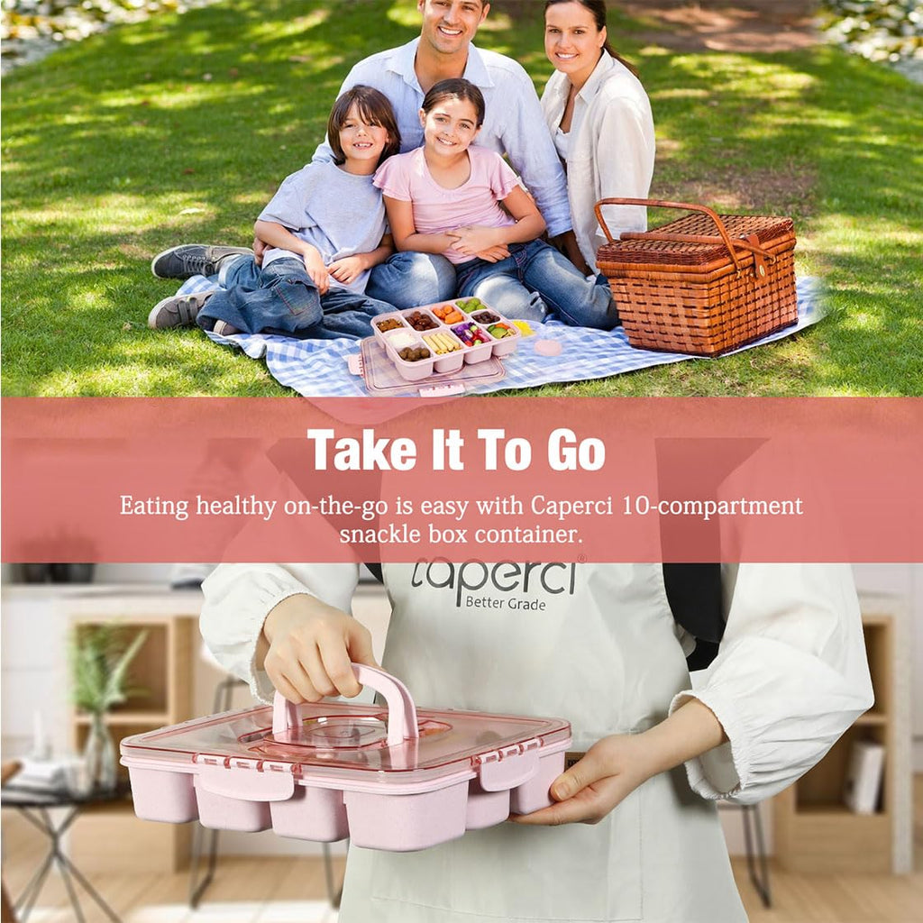 Caperci Large Snack Box Container - 10-Compartment Divided Serving Tray with Lid and Handle & 2 Dip Containers, Dishwasher Safe, Leak-Proof, Wheat Straw, BPA-Free (Pink)