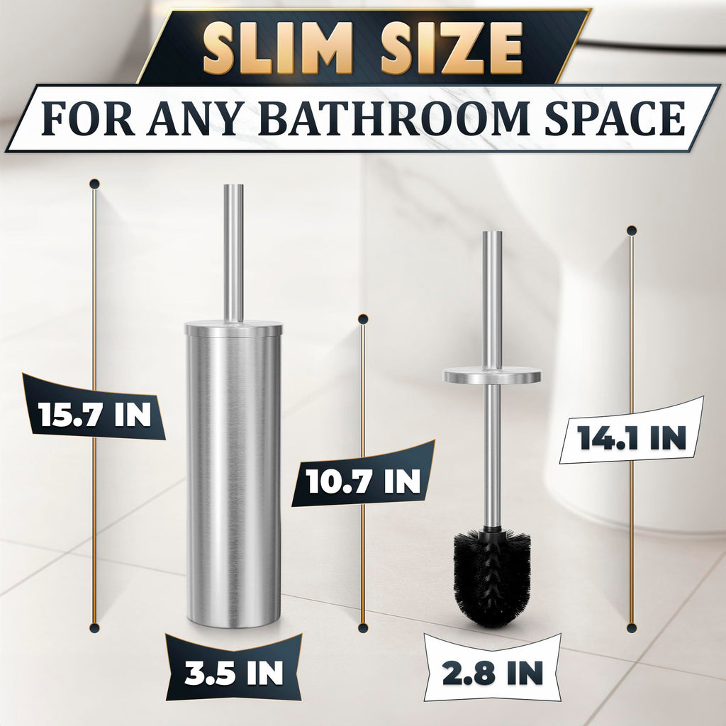 Stylish Stainless Steel Toilet Brush and Holder Set - Silver Toilet Bowl Brush and Holder with Splash Cover, Sturdy Bristles, Corrosion & Scratch Resistant - Elegant Design, Effective Deep Cleaning