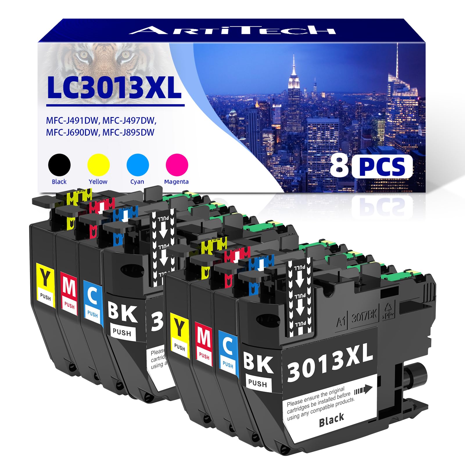 ARTITECH Replacement for Brother LC3013 LC3011 LC-3013 Compatible Ink Cartridge Works with Brother MFC-J491DW MFC-J895DW MFC-J690DW MFC-J497DW Printer (2 Black 2 Cyan 2 Magenta 2 Yellow, 8 Pack)