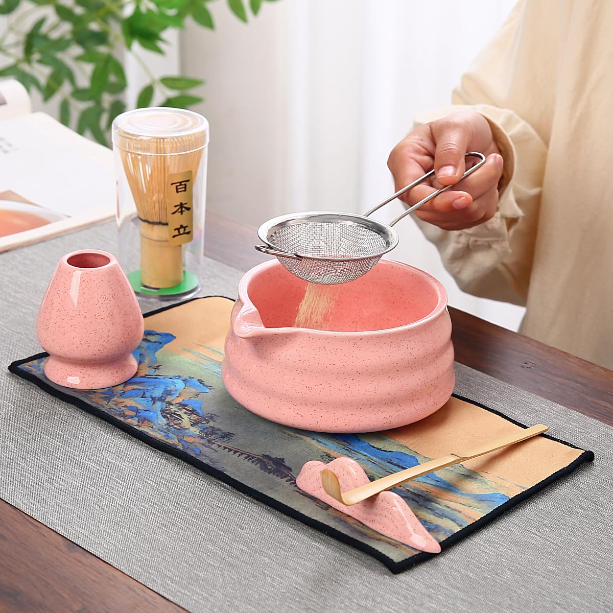 Matcha Tea Ceremony Set with Pink Ceramic Bowl, Bamboo Whisk, Strainer and Mat, 7-Piece Traditional Japanese Style