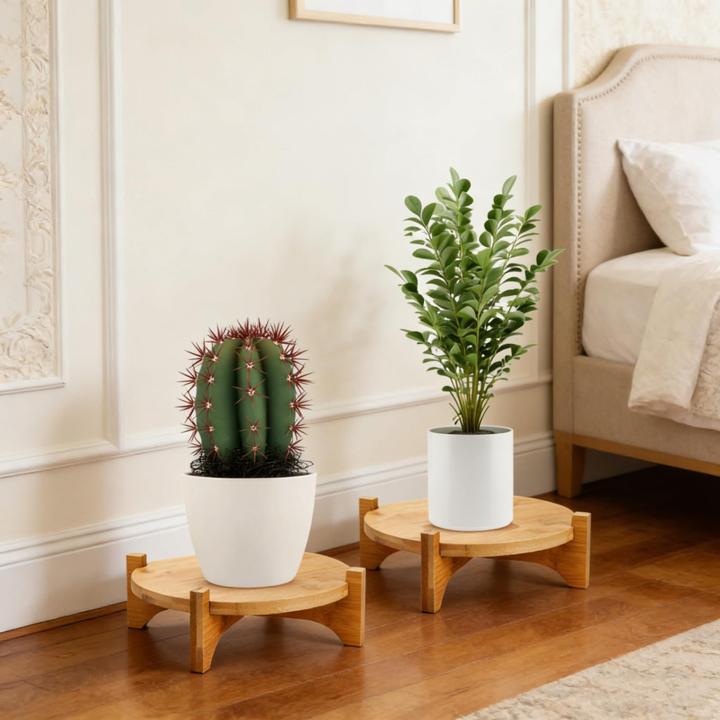 Pumtus 2 Pack Bamboo Plant Stand, Mid Century Modern Planter Stand, Detachable Flower Pot Holder, Sturdy Potted Plant Rack for Indoor Outdoor Garden Home, Short Stand for Elevating Pet Food Bowls (Pot Not Included)