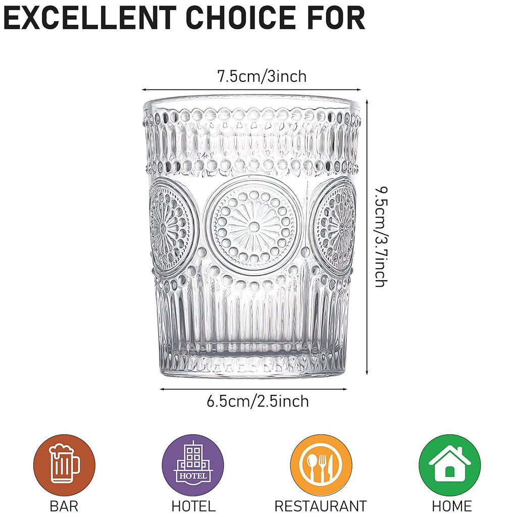 Vintage Drinking Glasses Set of 12, Textured Clear Striped Glass Cups, 10oz Ribbed Glassware Set, Tall Water Glass Tumblers, Mojito Cups, Cocktail Glass, Iced Coffee Cup, Bar Glassware