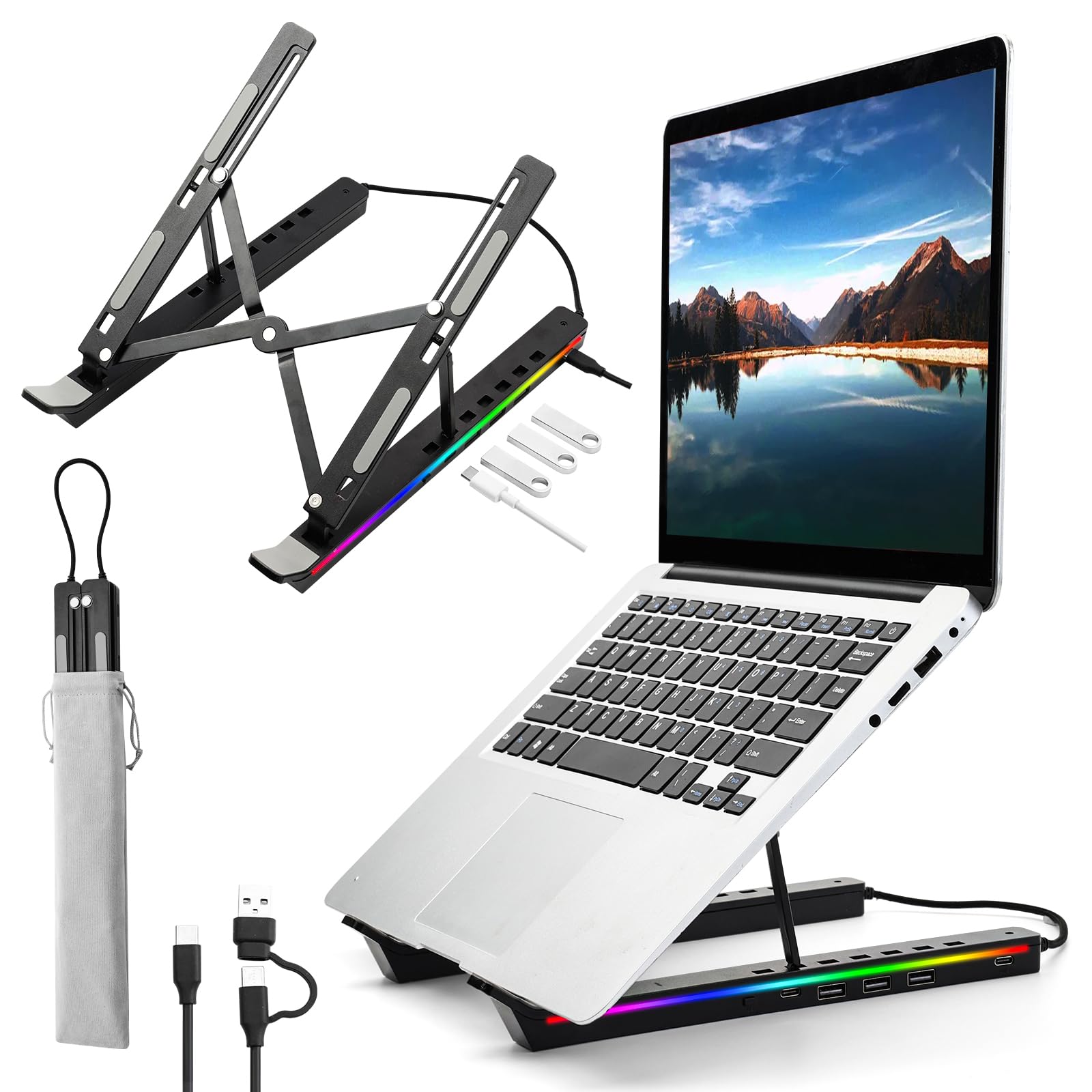 Laptop Stand for Desk, Aluminum Computer Stand with USB-A、USB-C and RGB Lights, Adjustable Foldable Portable Notebook Stand, Multi-Functional Laptop Riser with Additional Ports
