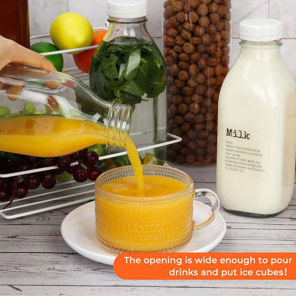 DHSBTLS 6 Pcs Glass Milk Bottles with Lid, 32 oz/ 1 L Reusable Glass Milk Container for Fridge to Store Fresh Milk, Airtight Heavy Duty Clear Juice Jar for Juice, Honey, Syrup, Extra 2 Lids& Stickers