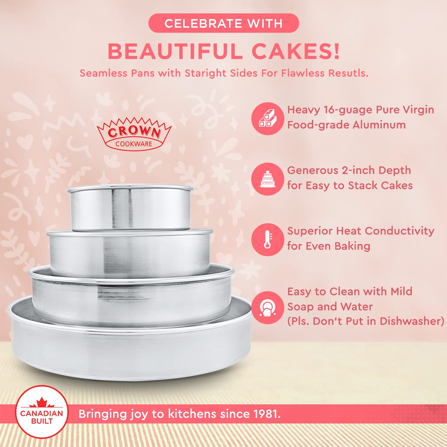 Crown 10 inch Cake Pan, 2" Deep, Heavy Duty, Even-Heating, Pure Aluminum, 25 CM Cake Pan