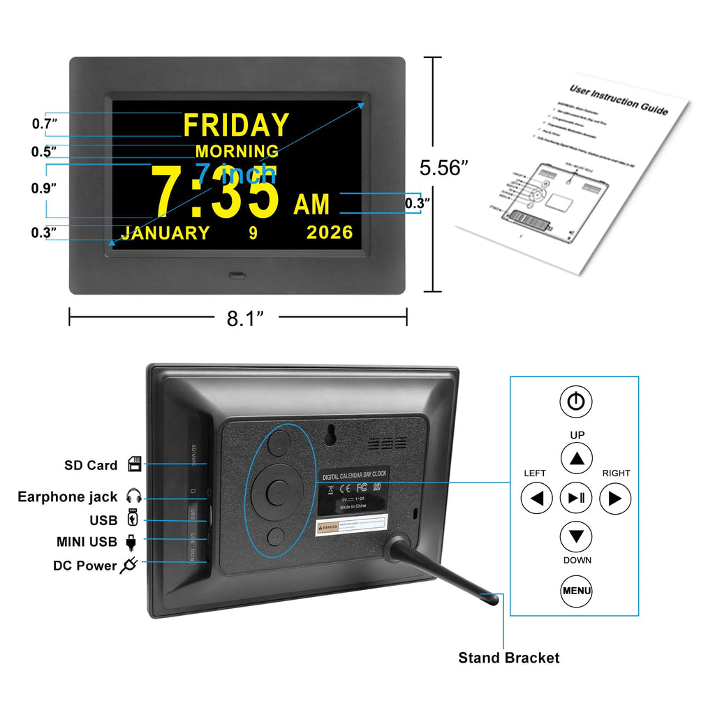 Dementia Clocks for Seniors,7 Inch Clock with Day and Date for Elderly,12 Alarms Option,Auto Dimmable,Large Number Digital Clock with Large Display
