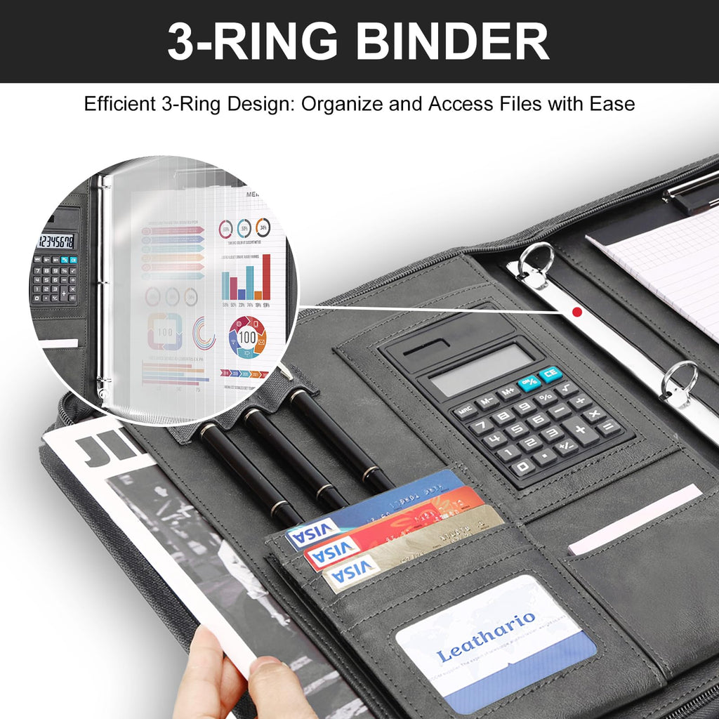 Leathario Portfolio, Vegan Leather 3-Ring Zipper Binder, Includes 10 Clear Sheet Protectors and a Pen, Multi-Pocket A4 Padfolio Folder for Tablets, Files and Business Documents, Office Supplies
