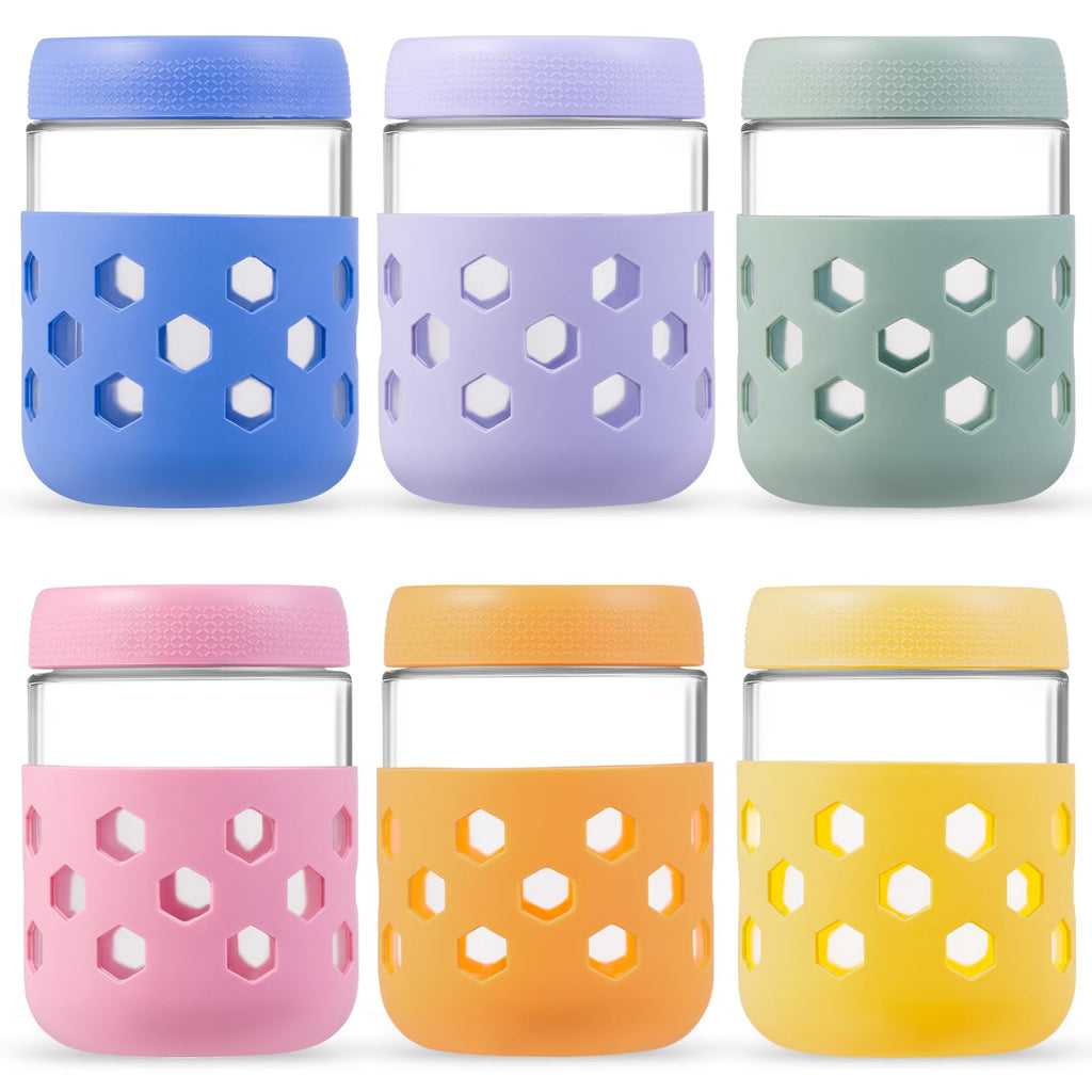 Mrsdry 6 Pack Overnight Oats Jar, Mason Jars with Lids and Protective Silicone Sleeve, 16 oz Glass Chia Pudding Jars, Mason Salad Meal Prep Jar for Yogurt Oatmeal (Pastel Cream, 16oz)