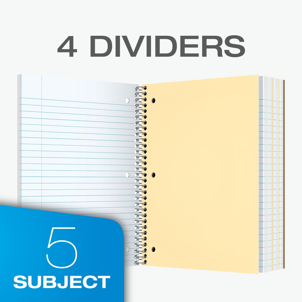 Oxford Spiral Notebook 3 Pack, 5 Subject Writing Journal, 3-Hole Punch, College Ruled Paper, 4 Dividers, 8 x 10-1/2 Inch, Black, Red, Blue, 180 Sheets, Coil Notebooks for School