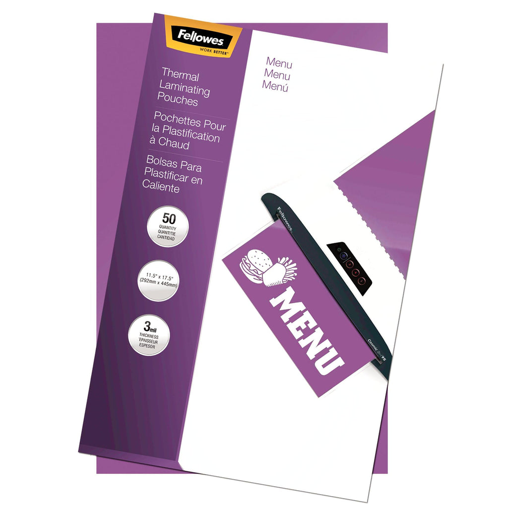 Fellowes 3mm Hot Laminating Pouches, Menu Size, 50-Pack (52013), Clear