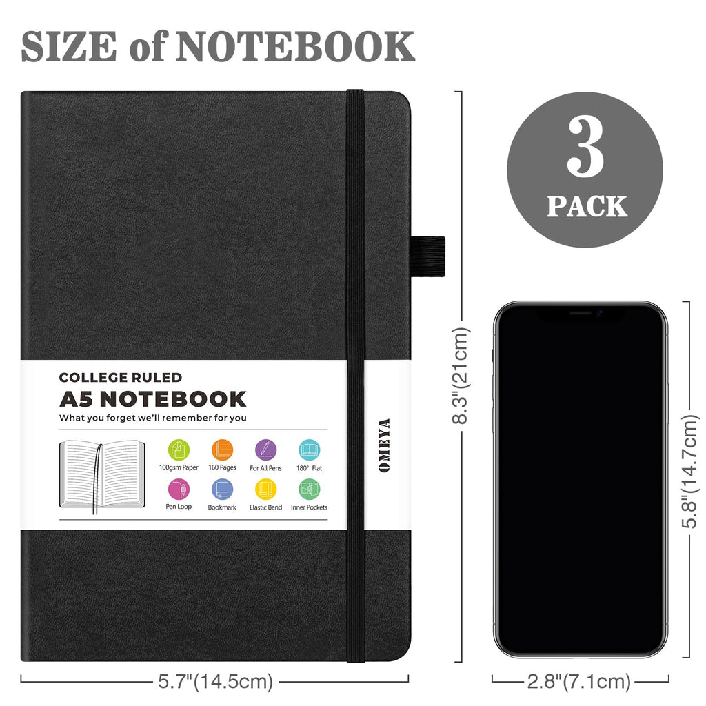 Lined Journal Notebook, 3 Pack A5 College Ruled Notebooks for Work, Hardcover Notebook Each with 2 Pockets & Pen, Leather Journal for Women, Men, 160 Pages, 100GSM Thick Paper (Multi-Colors 5.7"x8.3")
