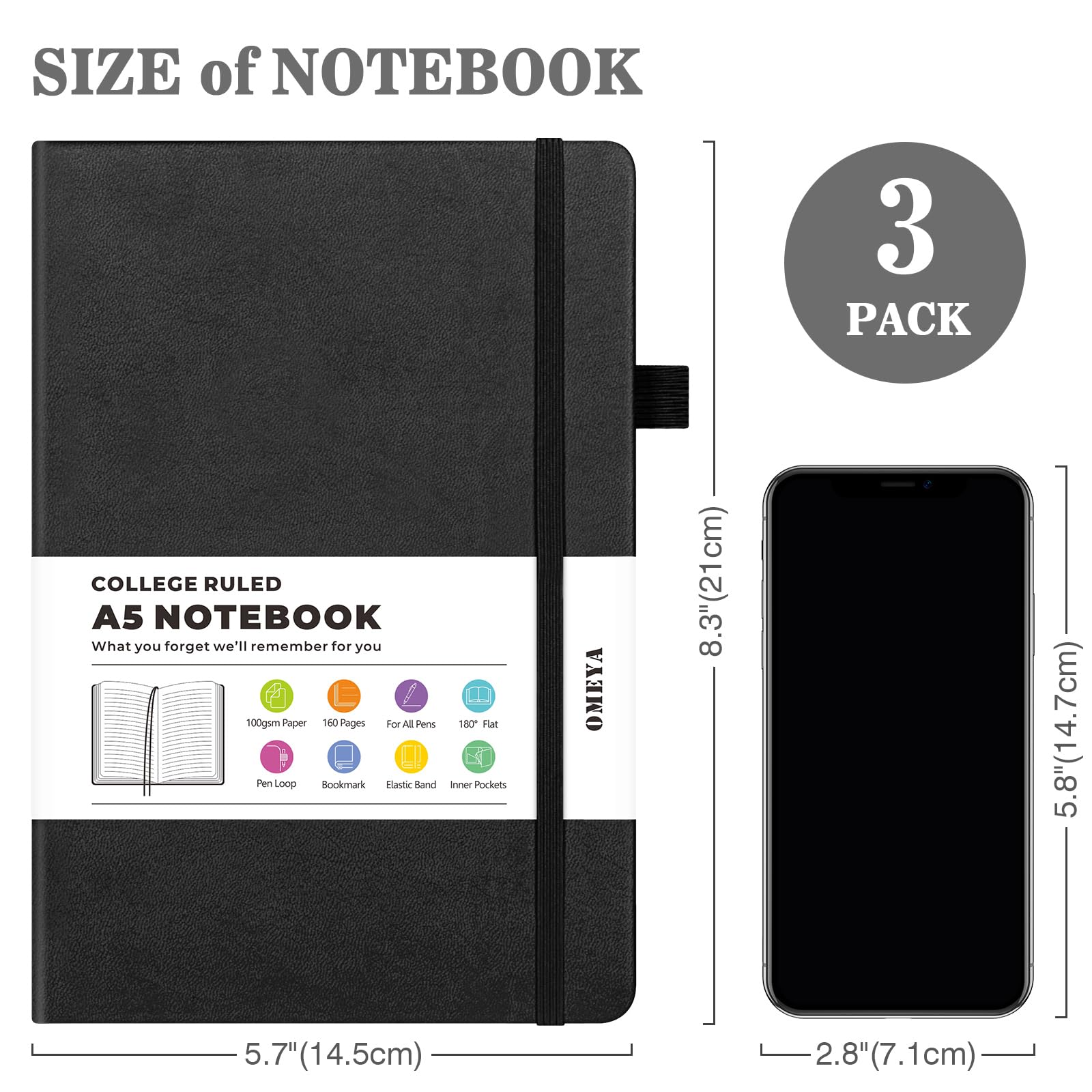Lined Journal Notebook, 3 Pack A5 College Ruled Notebooks for Work, Hardcover Notebook Each with 2 Pockets & Pen, Leather Journal for Women, Men, 160 Pages, 100GSM Thick Paper (Multi-Colors 5.7"x8.3")