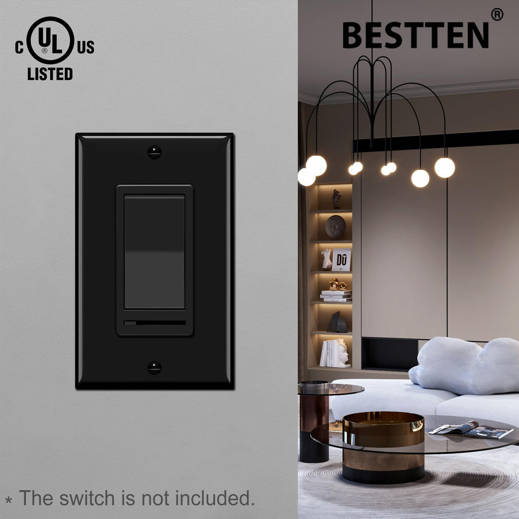 BESTTEN 10 Pack of 1-Gang Decorator Wall Plate, Standard Size Receptacle Outlet Plate, Unbreakable Polycarbonate Decor Switch Cover, Black