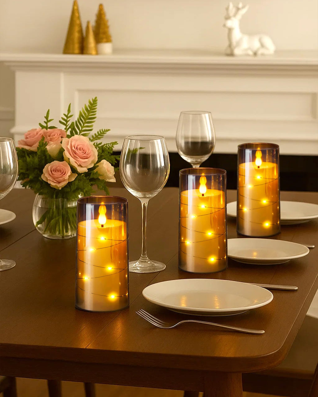AMAGIC Flameless Pillar Candles Built-in String Lights, Battery Candle Flickering with Remote Timer, Fake LED Candles for Home Wedding Festival Decoration, 2 Pack Gray 3" x 6"
