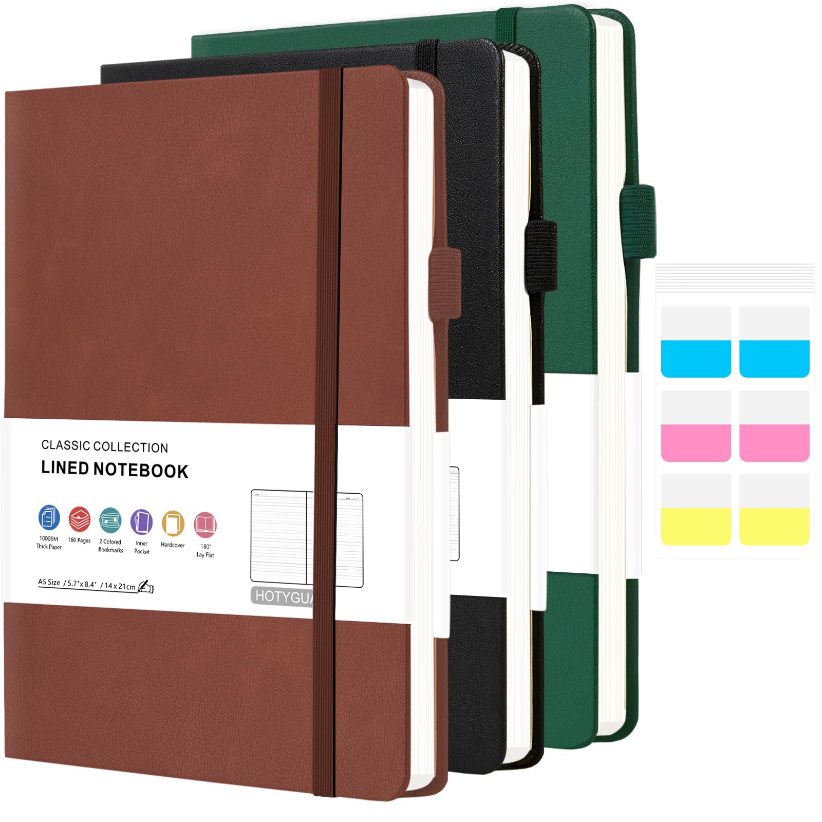 Lined Journal Notebook for Work School, 3 Pack A5 Leather Journal 160 Pages, 100GMS Thickened Paper, Hardcover Notebook with Pocket & Pen Loop for Women & Men (Brown, Black, Green)