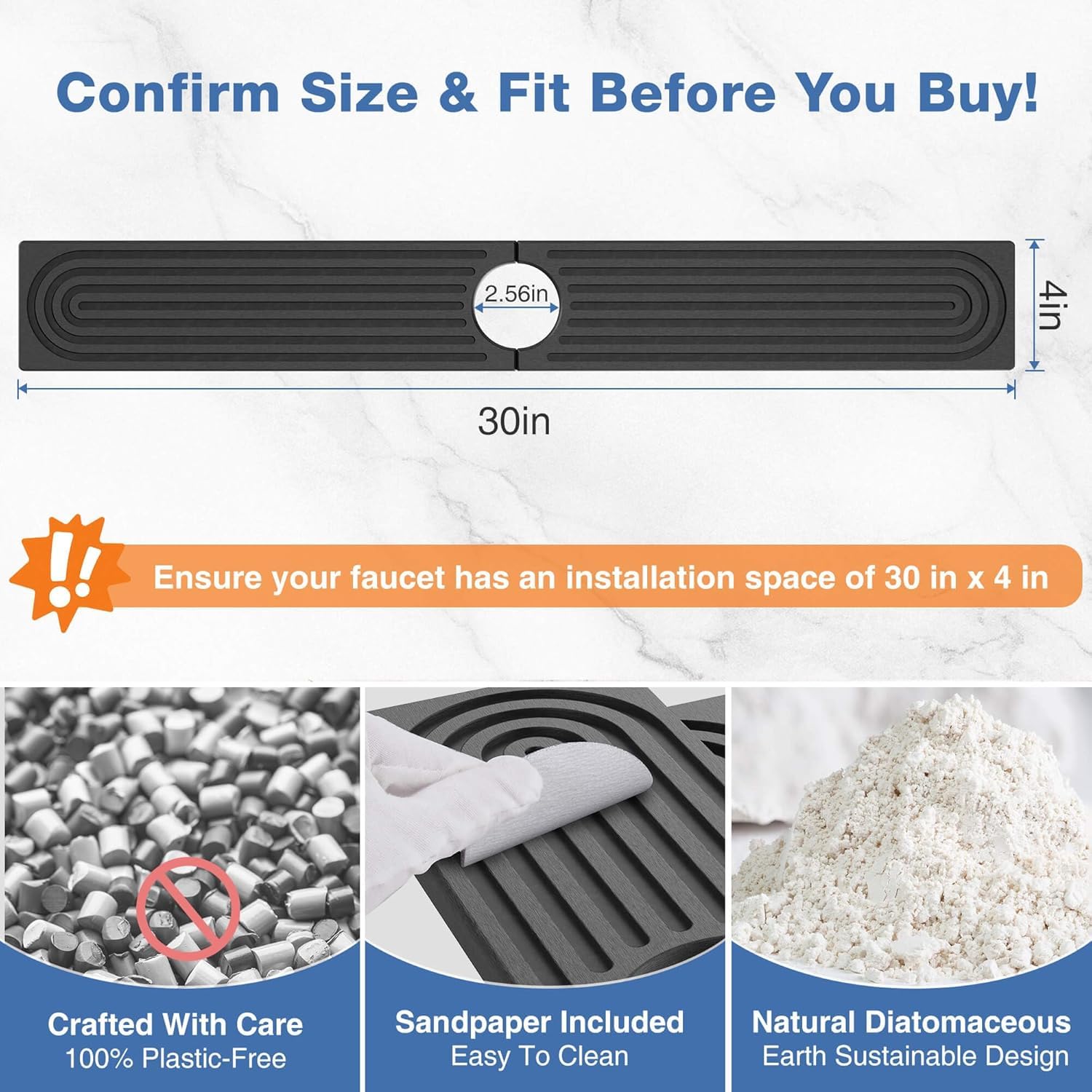 Oillase Faucet Mat for Kitchen Sink - Water Absorbing Stone Tray for Sink, Diatomite Fast-Drying Faucet Mat, Faucet Splash Guard for Bathroom Counter (Dark Gray, 30" x 4")