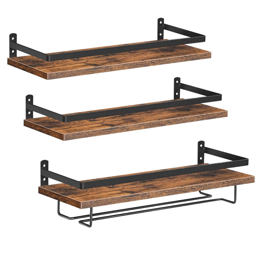 HOOBRO Wine Rack Wall Mounted 3 Pack, Wine Shelf Hanging Floating Wall Shelves, Wine Glass Bottle Rack Stemware Holder, for Living Room, Dining Room, Kitchen, Rustic Brown and Black BF34BJ01