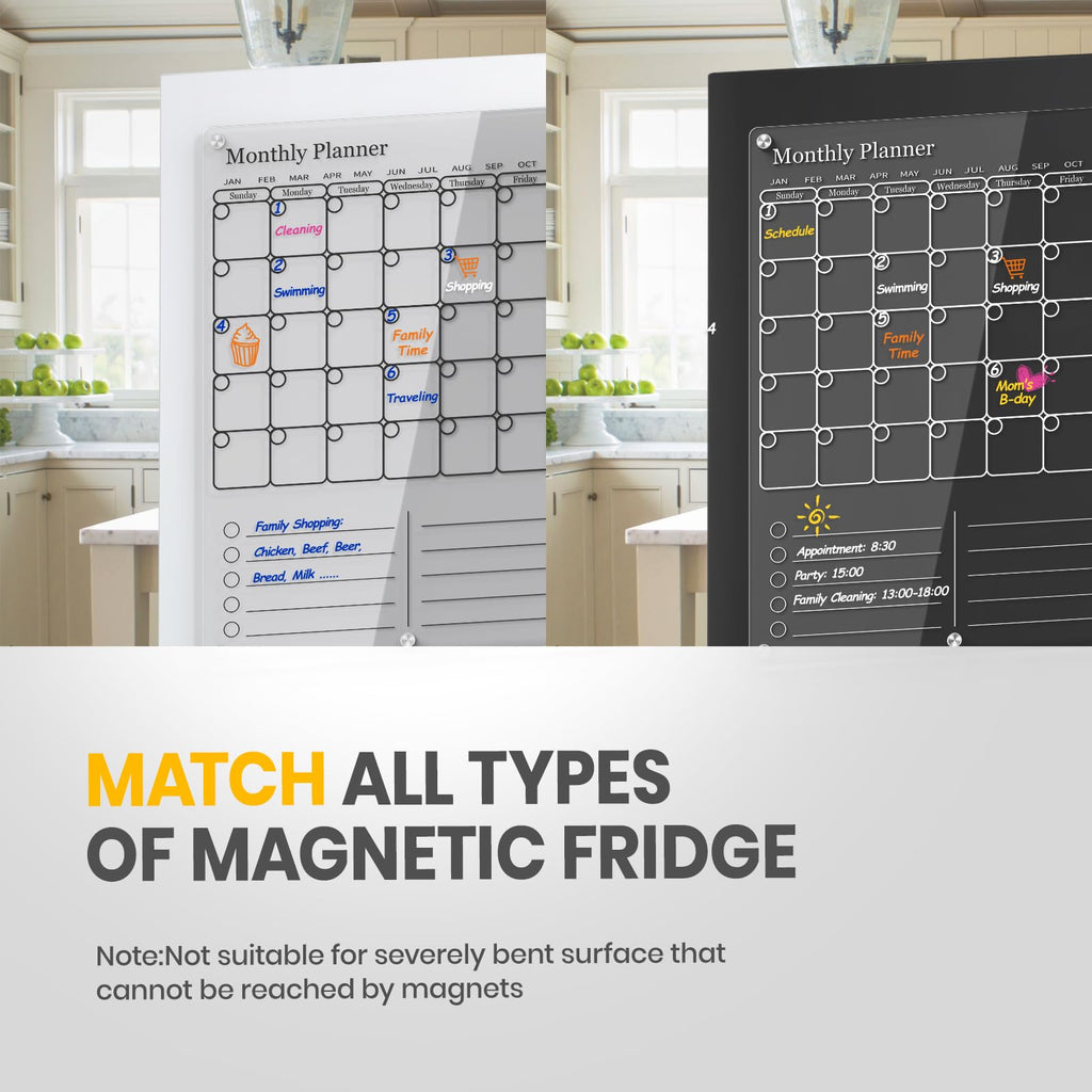 Acrylic Magnetic Fridge Calendar, Clear Dry Erase Board Calendars for Refrigerator, 2 in1 Monthly Calendar to Do List Board, Calendar WhiteBoard Kitchen Menu Planner Board with Markers (White)