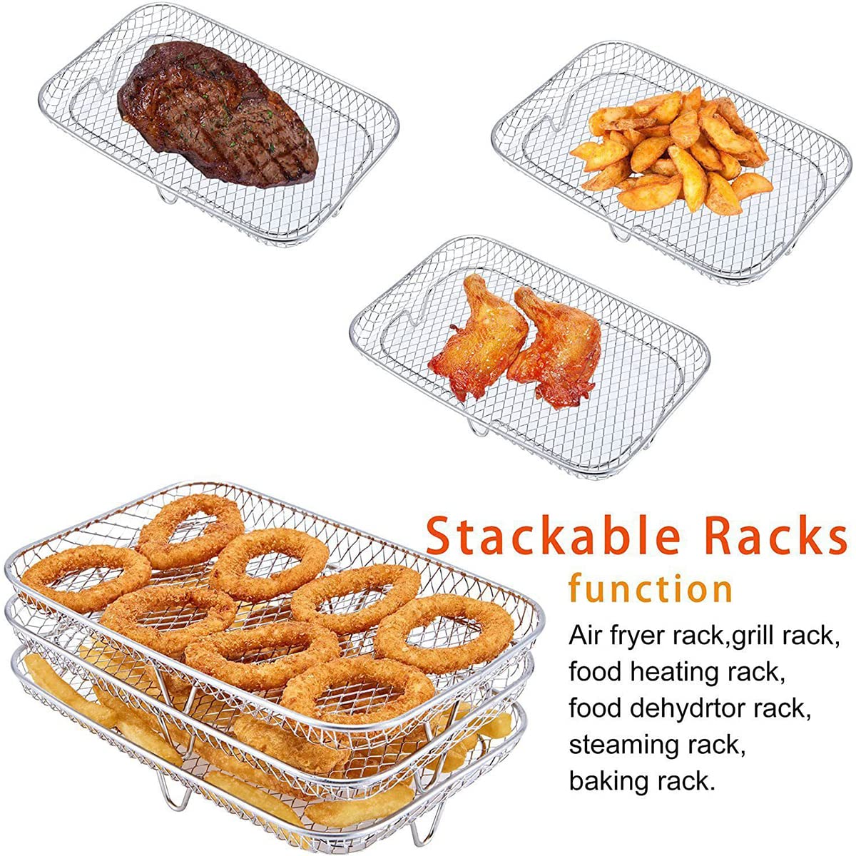 Three Stackable Dehydrator Racks Air Fryer Rack for Ninja Dual Fryer, Air Fryer Accessories 304 Stainless Steel Air Fryer Basket Tray for Oven and Press Cooker Compatible (Rectangle)