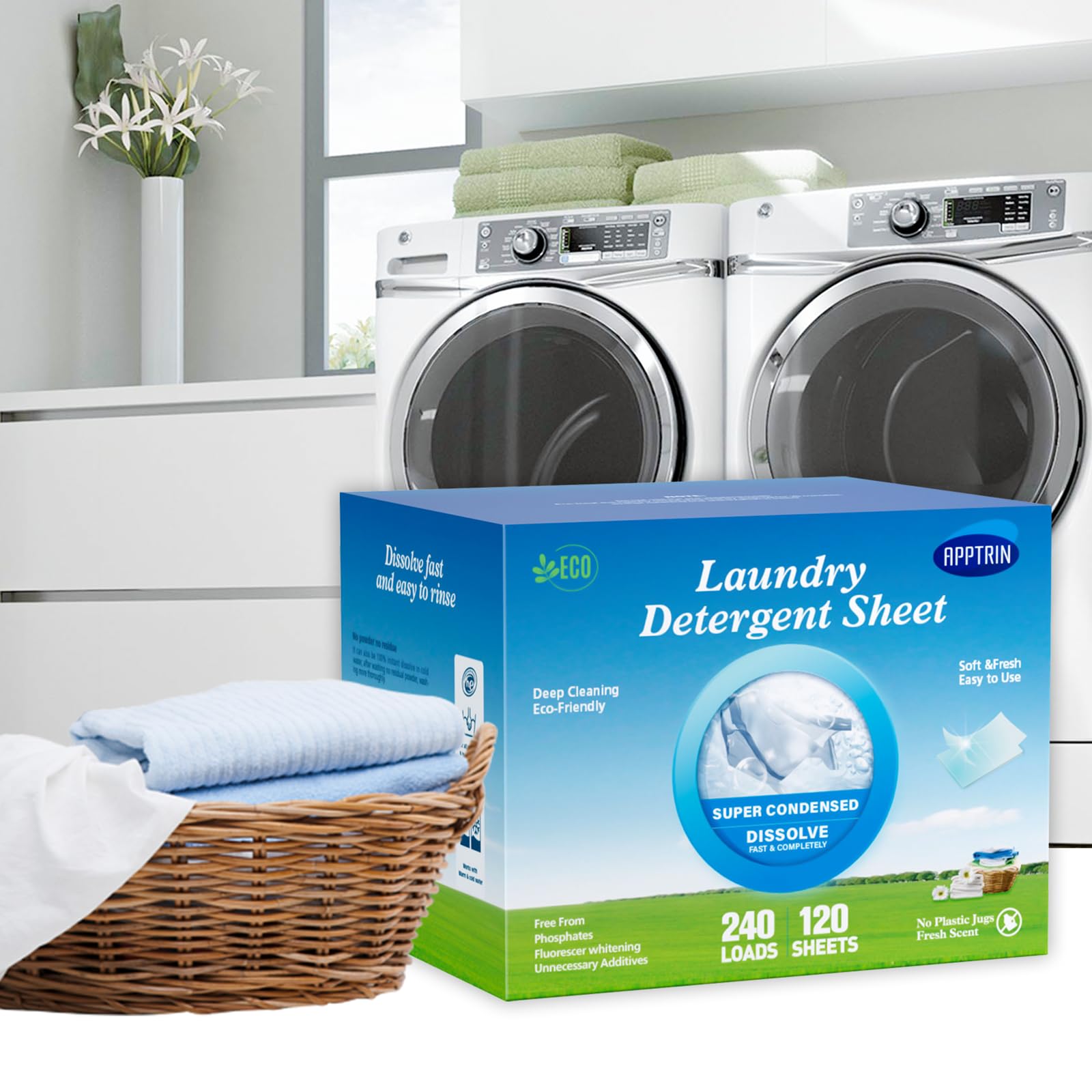APPTRIN Laundry Detergent Sheets Up to 240 Loads (120 Sheets) Plastic Jug-Free Packaging Laundry Detergent Strips Hypoallergenic&Readily Biodegradable Eco-Friendly Fresh Peony Scent for Travel Home