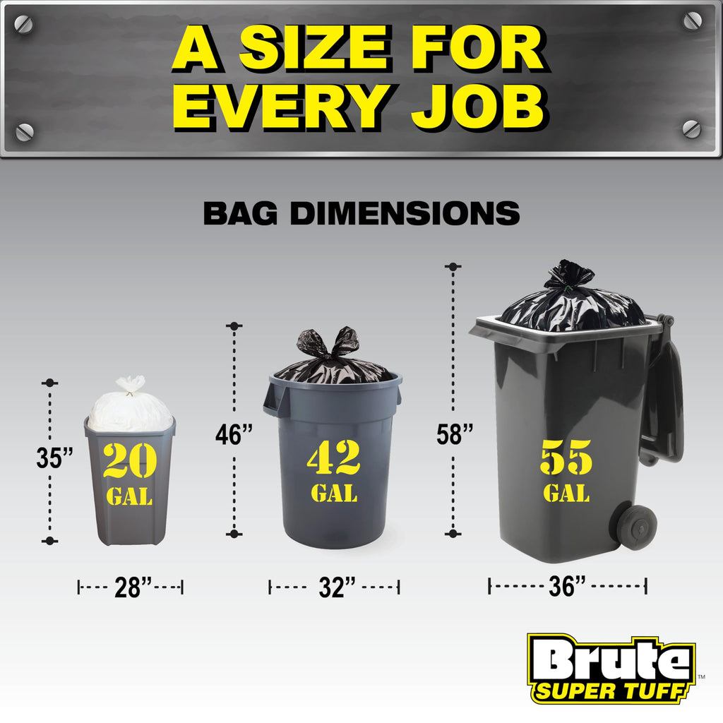 Brute Super Tuff Heavy Duty Contractor Bags, Large Trash Bags, Twist Tie Closure, Black, 55 Gallon, 15 Count