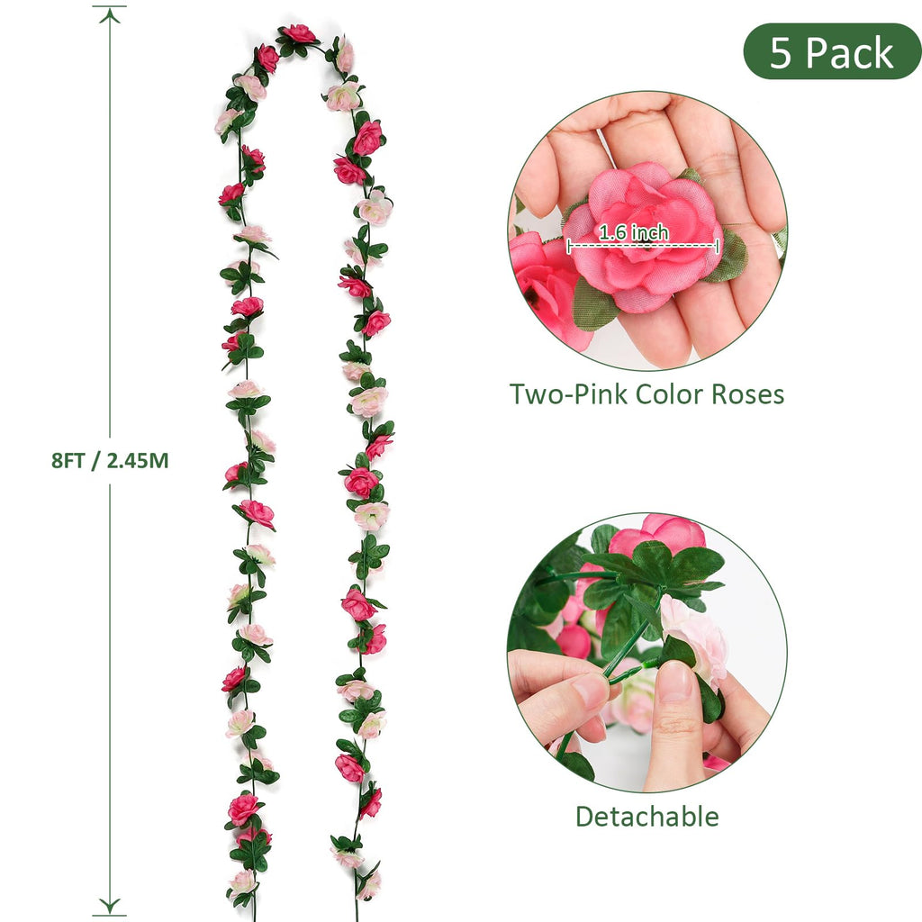 KHOYIME 5 Pack 40 FT Artificial Flower Garland, Fake Pink Roses Vines Silk Flowers Faux Plastic Outdoor Hanging Floral Ivy Garland Decoration for Wedding Arch Bedroom Home Wall Backdrop Room Decor