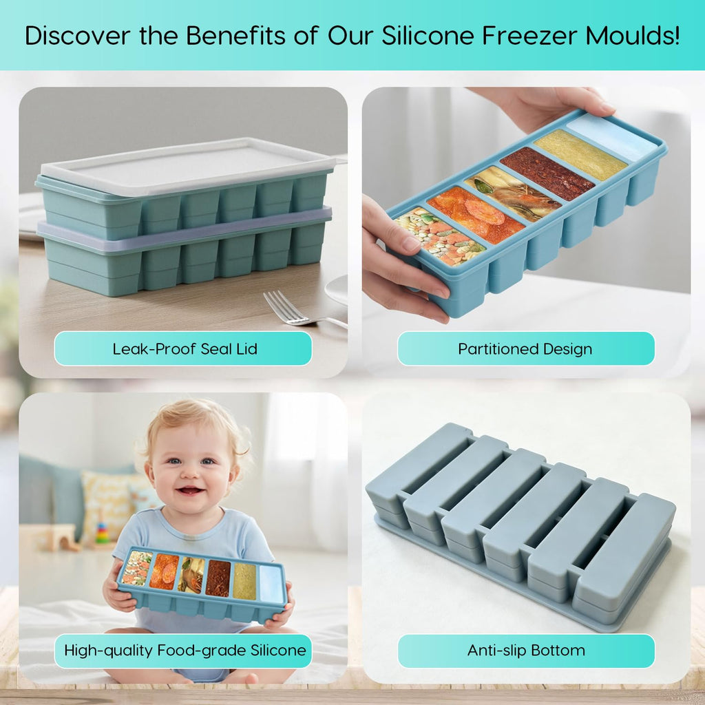 2 Pack Silicone Soup Freezer Containers with Lids, Soup Freezer Mold, Ice Trays for Freezer, Ice Cube Tray for Storing 100 ml Broth, Soup, Leftovers, Sauce, Makes 12 100ml Portions Cubes