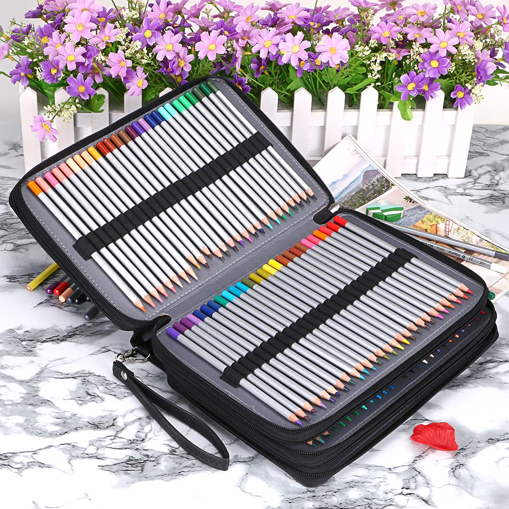 BTSKY 200 Slots Colored Pencil Case - Deluxe PU Leather Pen Pencil Holder with Removal Handle Strap Pencil Case Organizer Large Capacity for Colored Pencils Watercolor Pencils, Black