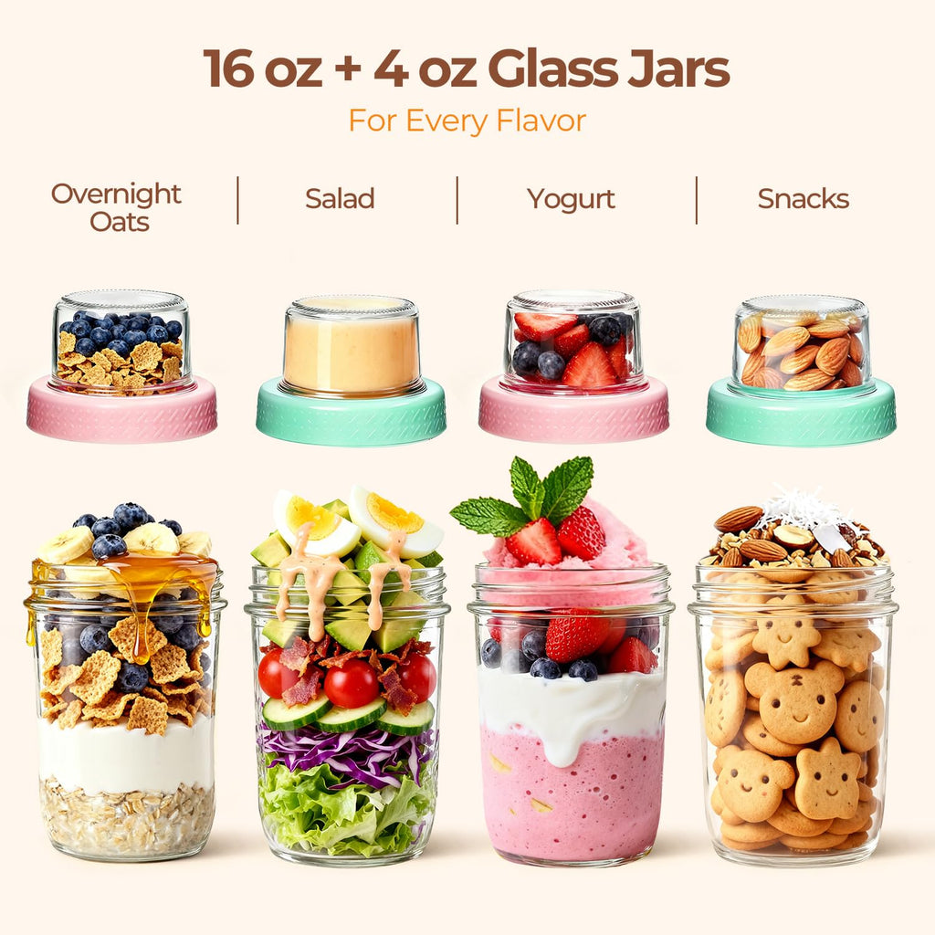 ComSaf Overnight Oats jars with Lids （16oz+4oz 2Pcs）, Dual-Laryer Chia Pudding Jars with Dry and Wet Separation, Yogurt Parfait Contianer for Oatmeal Cereal Nut Fruit, Meal Prep Glass Jars for Salad
