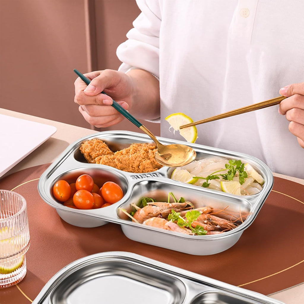 DEAYOU 4 Pack 18/10 Stainless Steel Divided Plate, Small Child Plate with 4-Compartment, Portion Control Serving Platter, Mess Food Sectioned Tray for Dinner, Lunch, Cafeteria, Kids, Adult