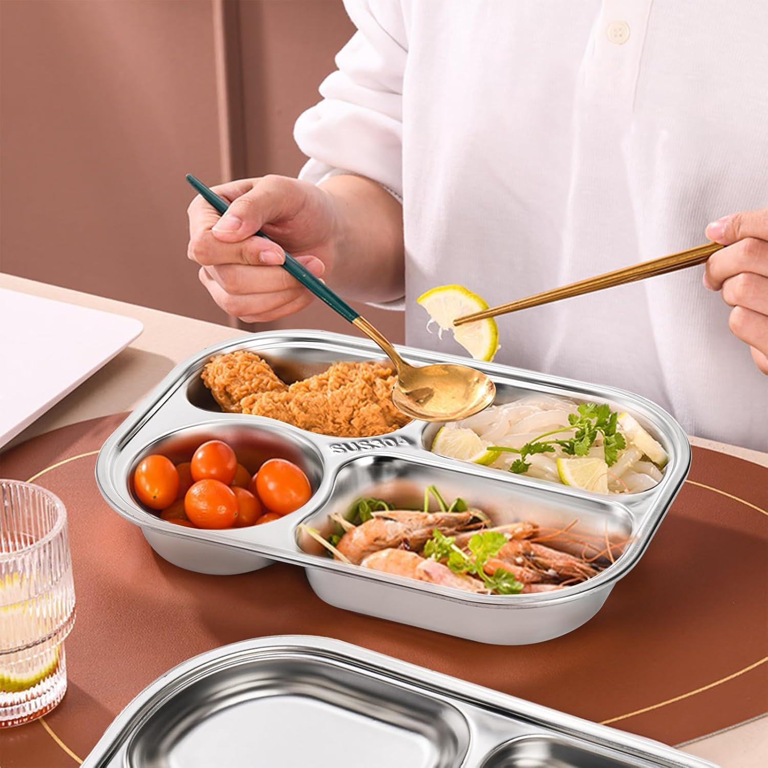 DEAYOU 4 Pack 18/10 Stainless Steel Divided Plate, Small Child Plate with 4-Compartment, Portion Control Serving Platter, Mess Food Sectioned Tray for Dinner, Lunch, Cafeteria, Kids, Adult