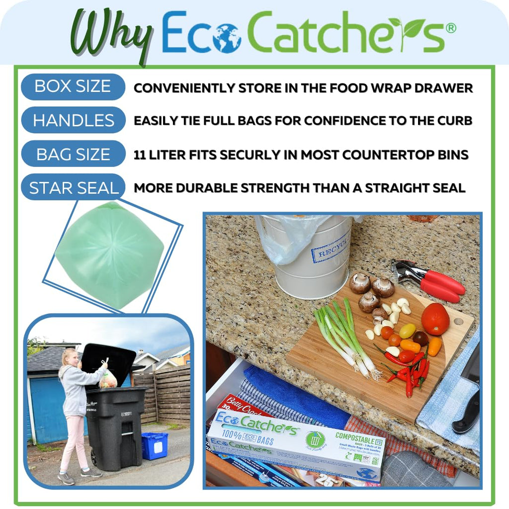 EcoCatchers Compost Bags 11 Litre – 100 [+5] Certified Compostable Bags with Handles for Kitchen, Bathroom, Diaper Pail, Green Bin, 3 Gallon Biodegradable Garbage, Litter, or Poop Bags