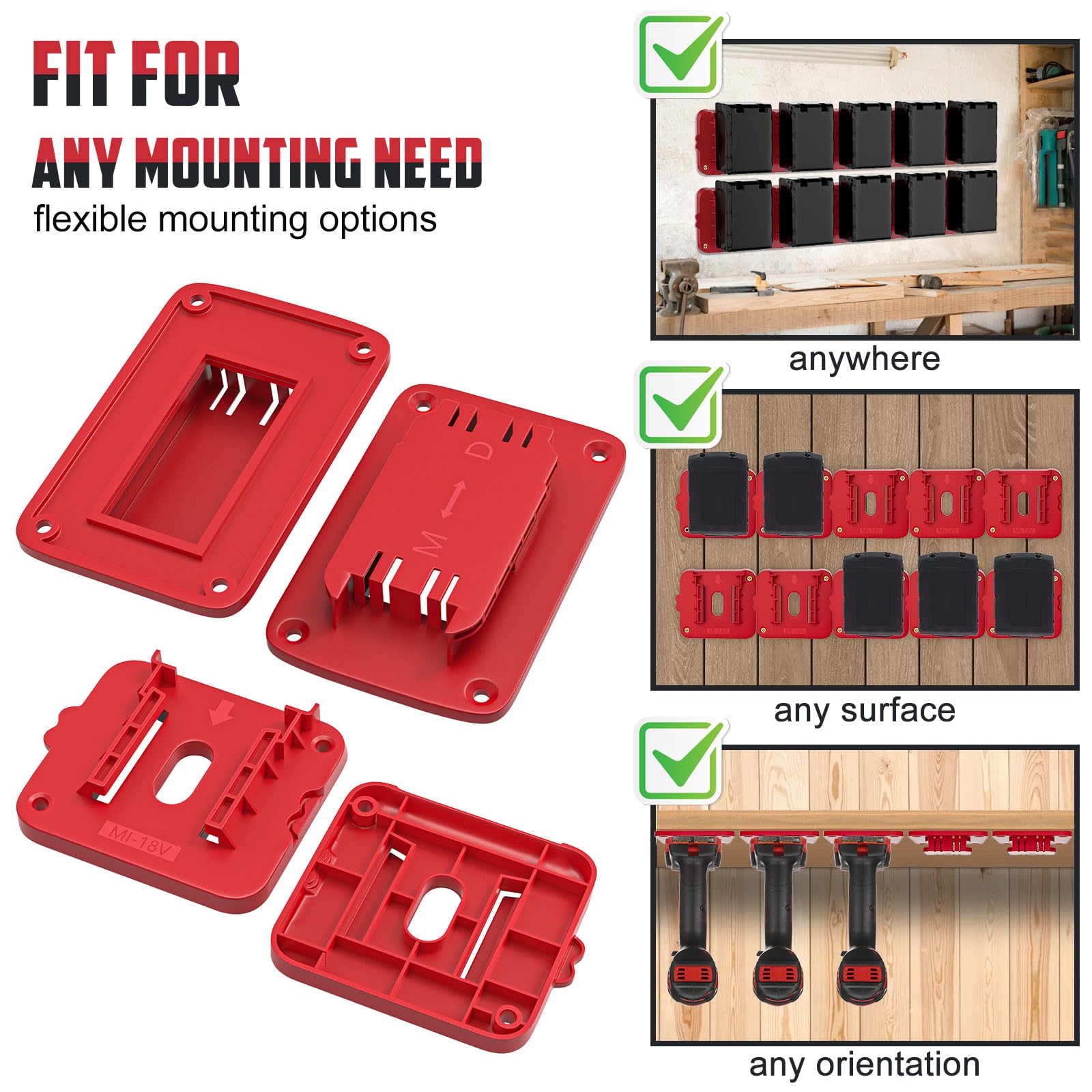 20 Pack Wall Mount Battery Holders and Tool Hangers for Milwaukee 18V Power Tools, 10 Pack Battery Mounts Dock Rack Fit for 18V Batteries, 10 Pack Drill Tool Storage Holder(w/60 Screws)