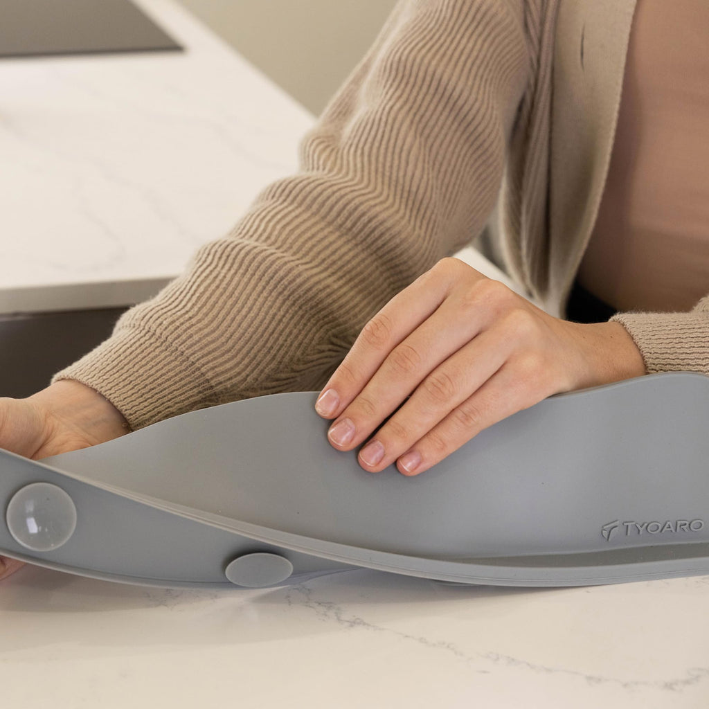 TYOARO Silicone Sink Splash Guard - Water Splash Guard for Kitchen, Island and Bathroom - Secure Non-Slip Suction Cup Base - Dishwasher Safe, Gray (17.4 x 1.7 x 3.6")