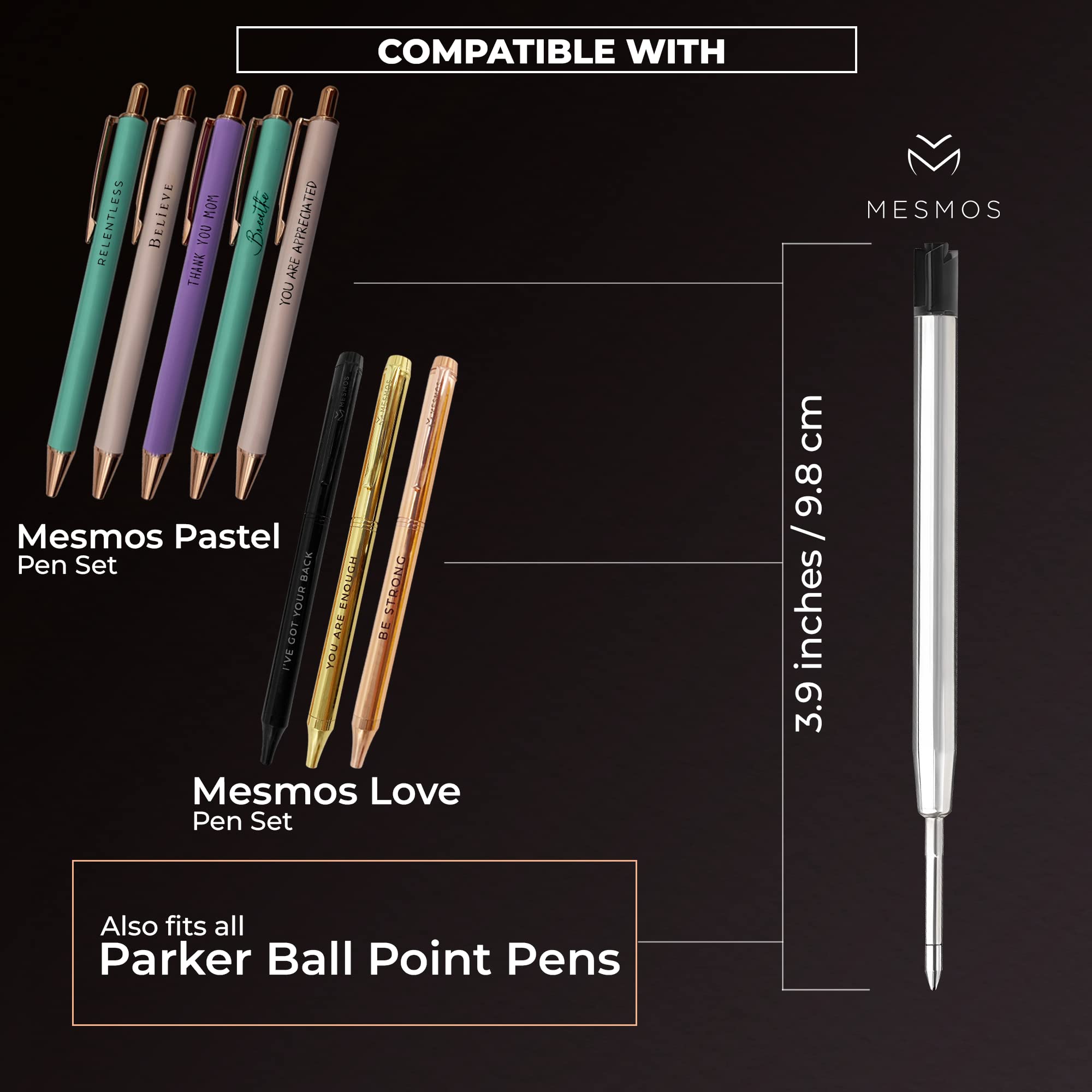 MESMOS 6 Pack 3.9 inch (9.8cm) Pen Refills, Compatible with Parker Pen, Replacement Ink Refills, 1.0mm Smooth Writing Tip Ballpoint Cartridge (Ballpoint - Black Ink 1mm)