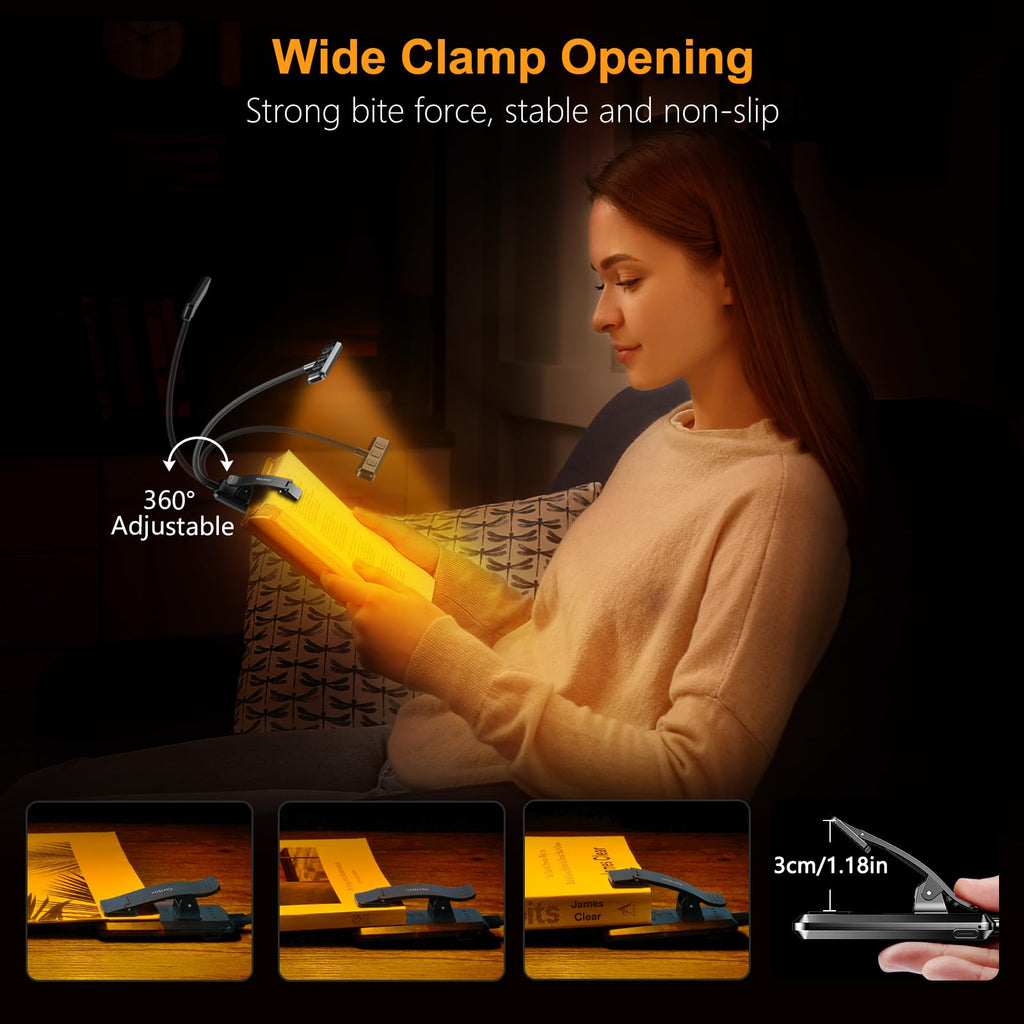 Gritin 19 LED Rechargeable Book Light for Reading in Bed with Memory Function- Eye Caring 3 Color Temperatures,Stepless Dimming Brightness,90 Hrs Runtime Clip on Light for Book Lovers- 2 Pack-Black
