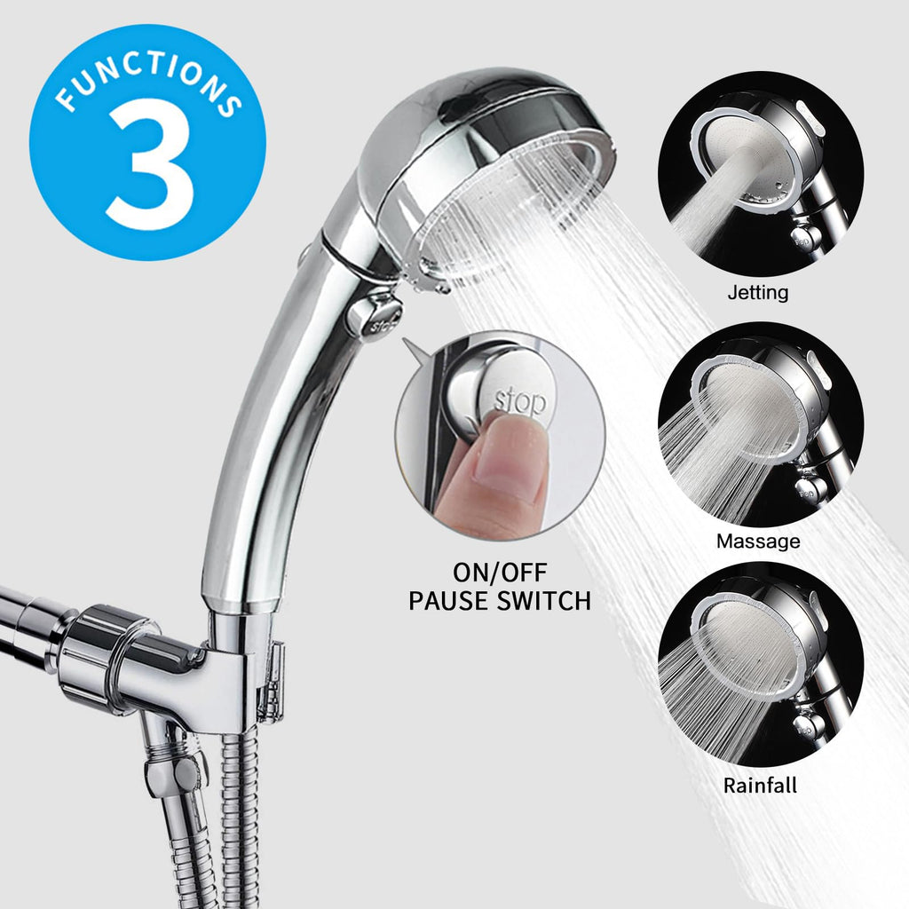 KAIYING High Pressure Handheld Shower Head with ON/Off Pause Switch, 3 Spray Modes Shower Wand with Shut Off Button, Removable Camper Shower Head with Hose and Adjustable Angle Bracket (Chrome)