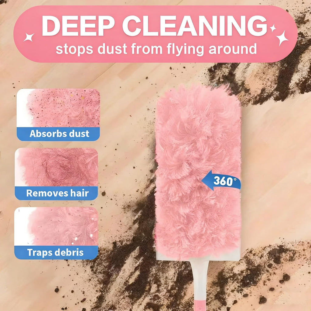 30 Count Pink Duster Refills Compatible with Swiffer Handle, 360° Multi-Surface Duster Refills with 2 Handle, 5X Microfibers Disposable Dusters for Cleaning Pet Hair, Home, Office, Blinds, Furniture