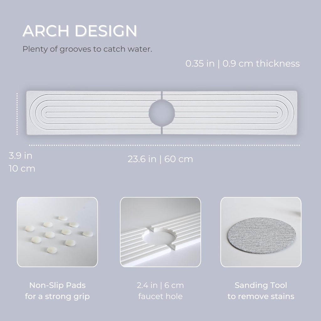 Natureva Home - Stone Faucet Mat | Diatomite Sink Splash Guard | Instant Drying Tray for Kitchen Bathroom Sinks | Made of Diatomaceous Earth | Absorbing Water Instantly | Design Arch | Colour Chalk